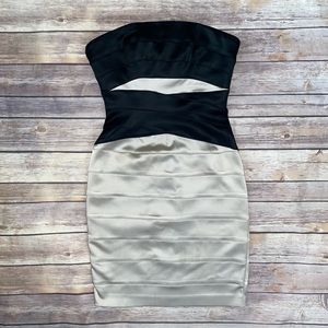 Bebe Strapless Satin Black & Champagne Bandage Dress
